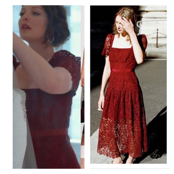 Self-Portrait Dresses & Skirts - SELF PORTRAIT Burgundy Guipure Lace Square Neck Short Sleeve Midi Dress US 6 NWT